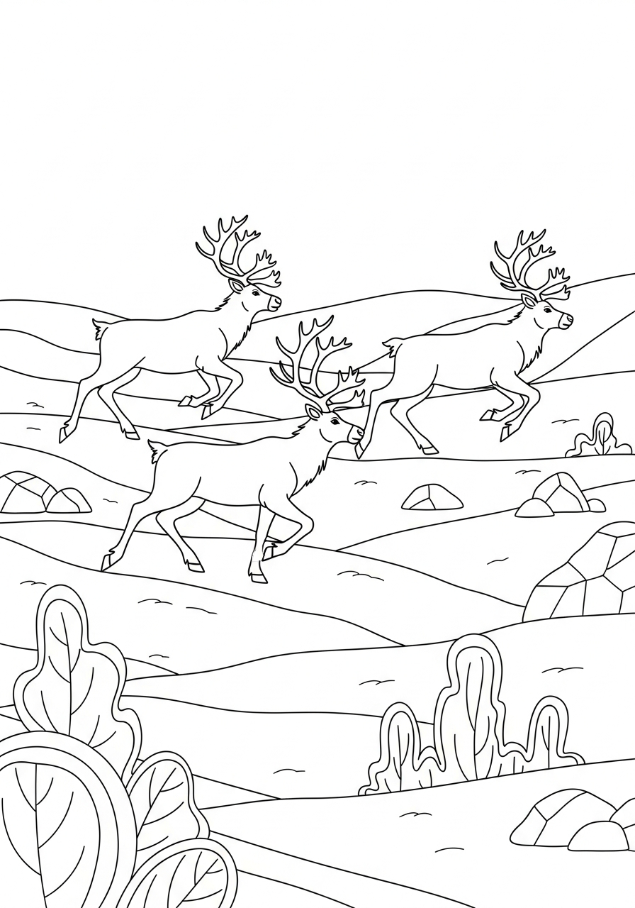 Reindeer Coloring Pages 30 Three running reindeer tundra landscape coloring page
