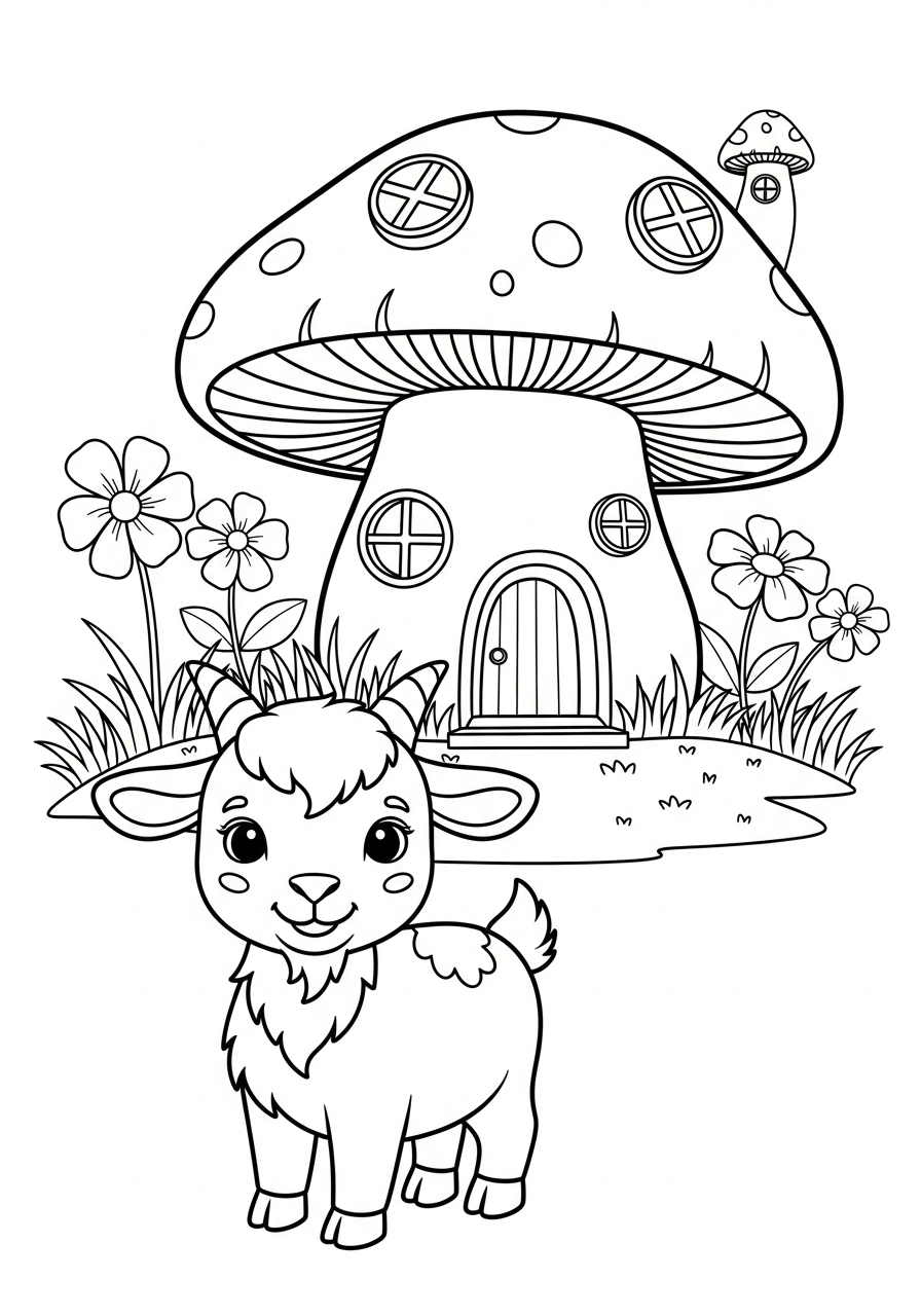 Tiny goat by mushroom house coloring page