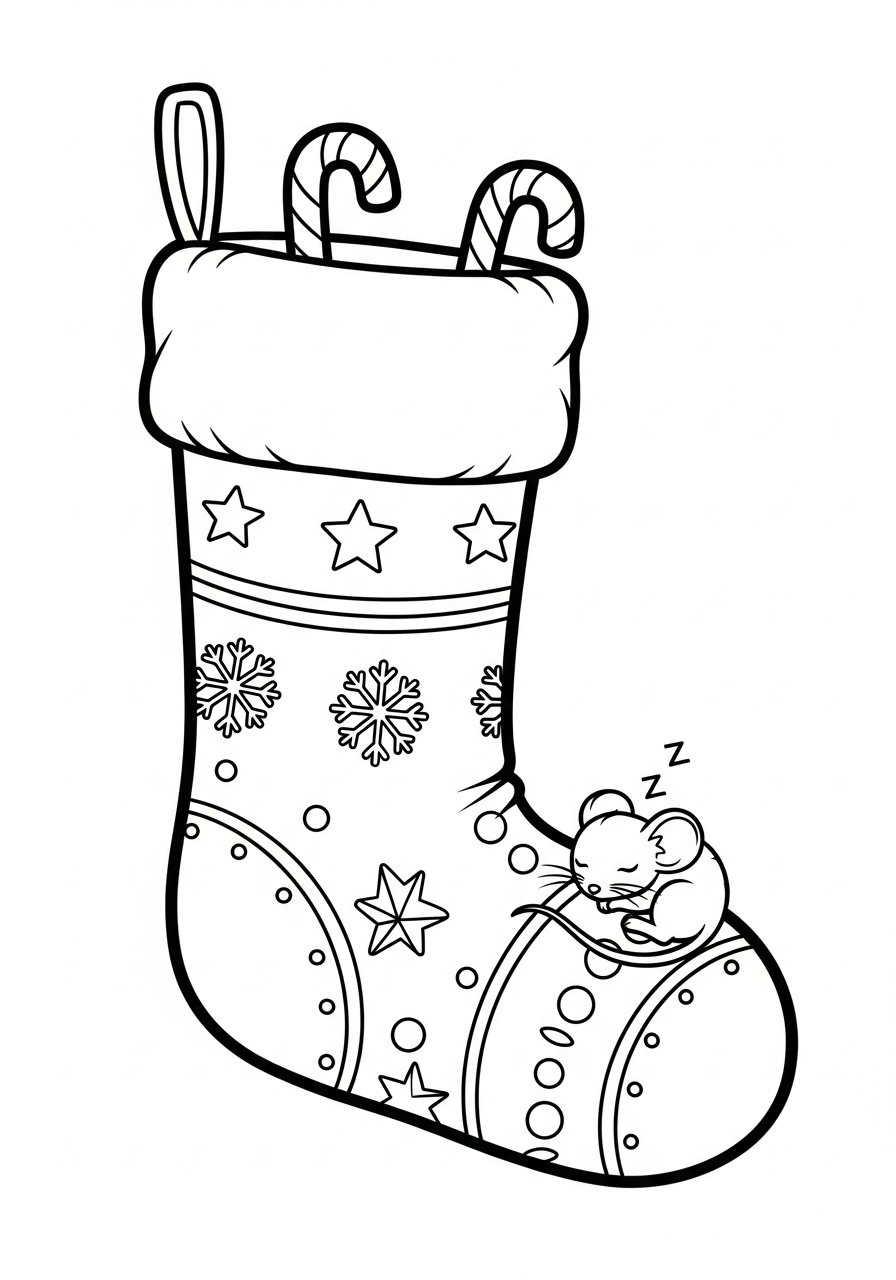 Tiny mouse sleeping in Christmas Stocking coloring page