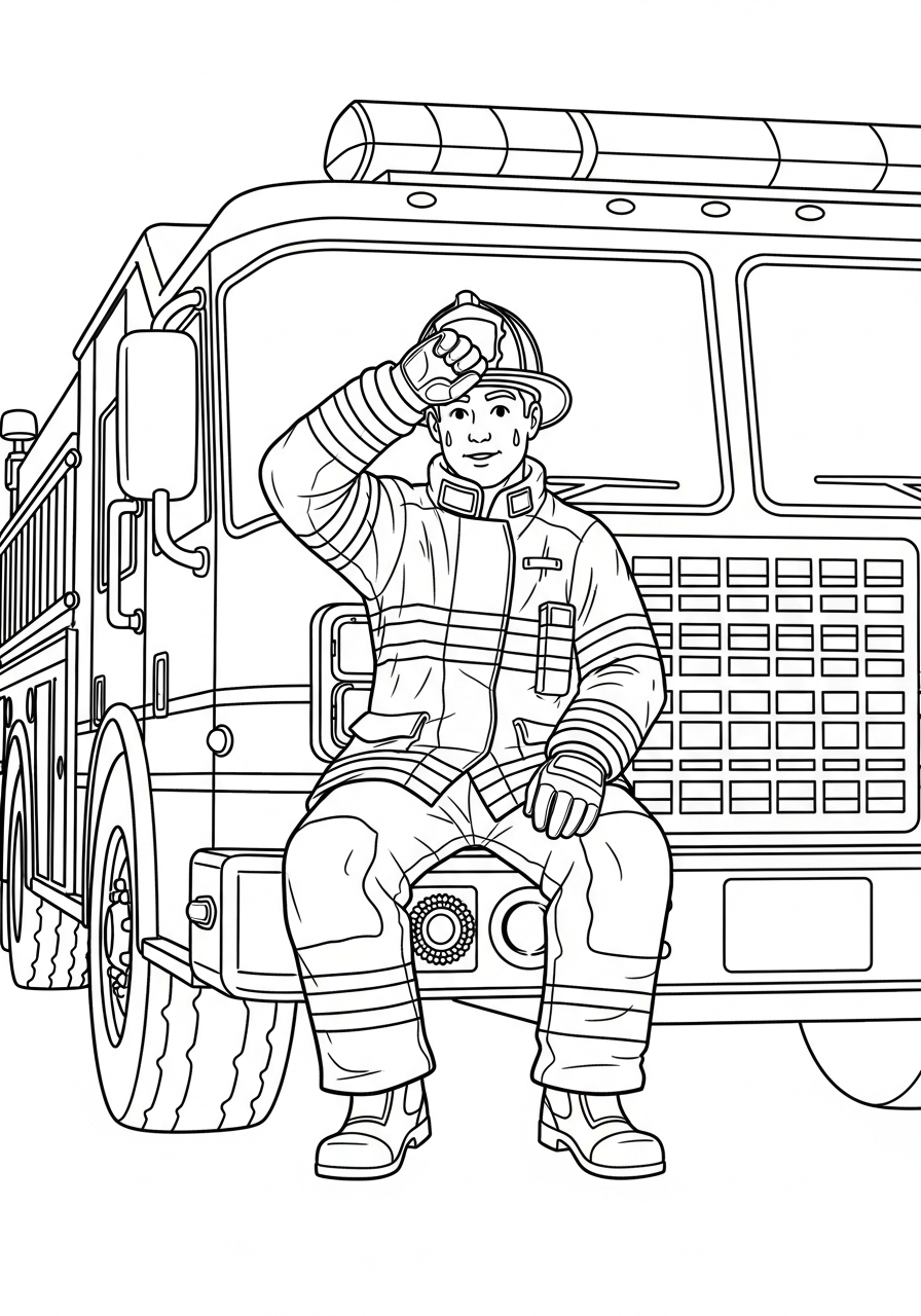 Fire Fighter Coloring Pages 28 Tired firefighter sitting on truck coloring page