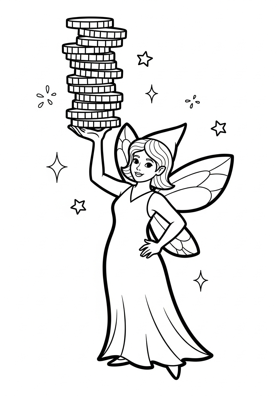 Tooth Fairy Coloring Pages 12 Tooth Fairy balancing stack of coins coloring page