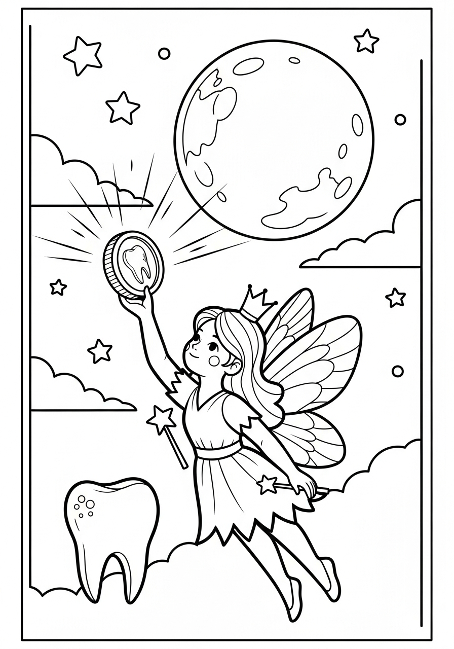 Tooth Fairy Coloring Pages 13 Tooth Fairy checking shiny gold coin coloring page