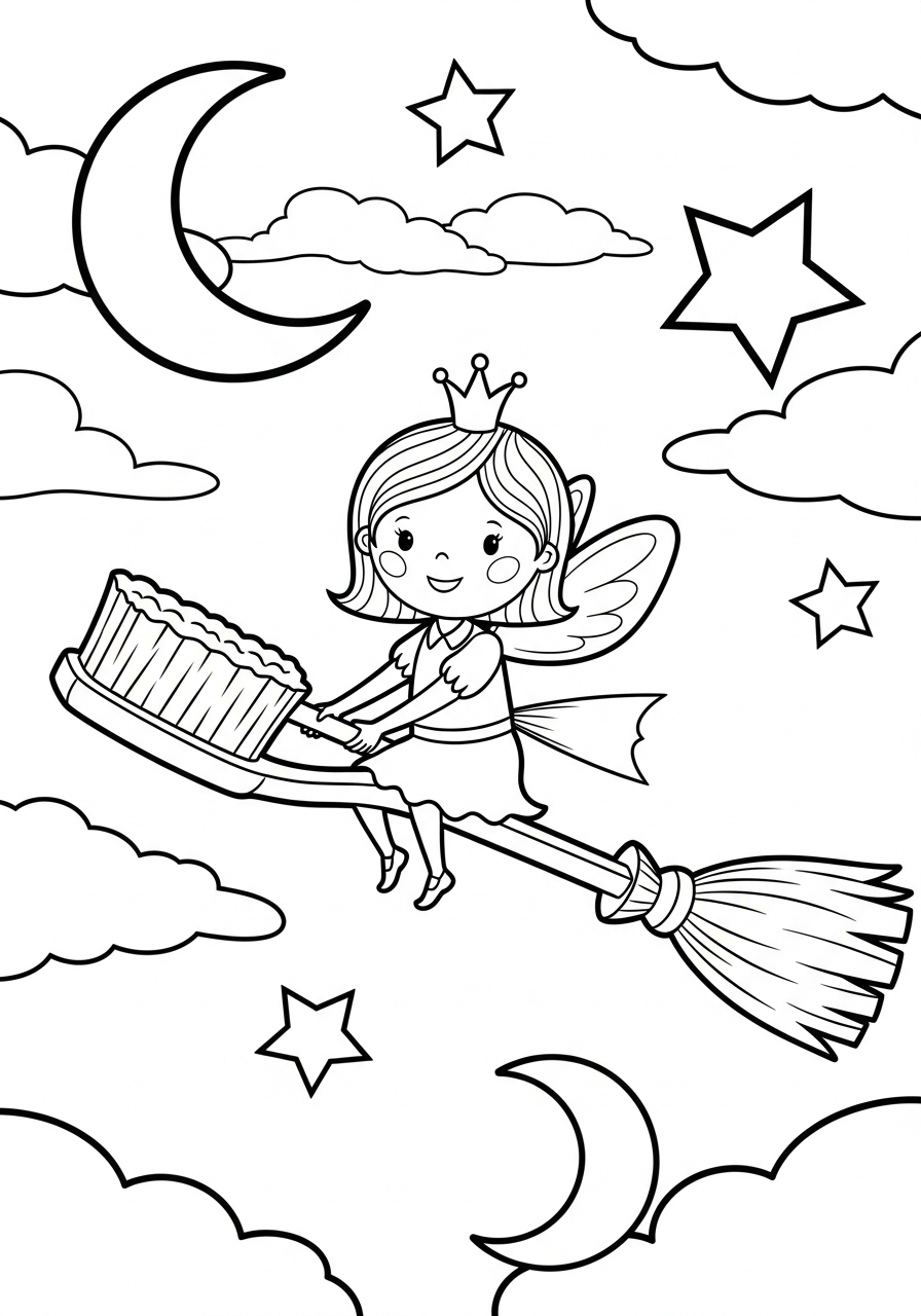 Tooth Fairy Coloring Pages 14 Tooth Fairy flying on giant toothbrush coloring page