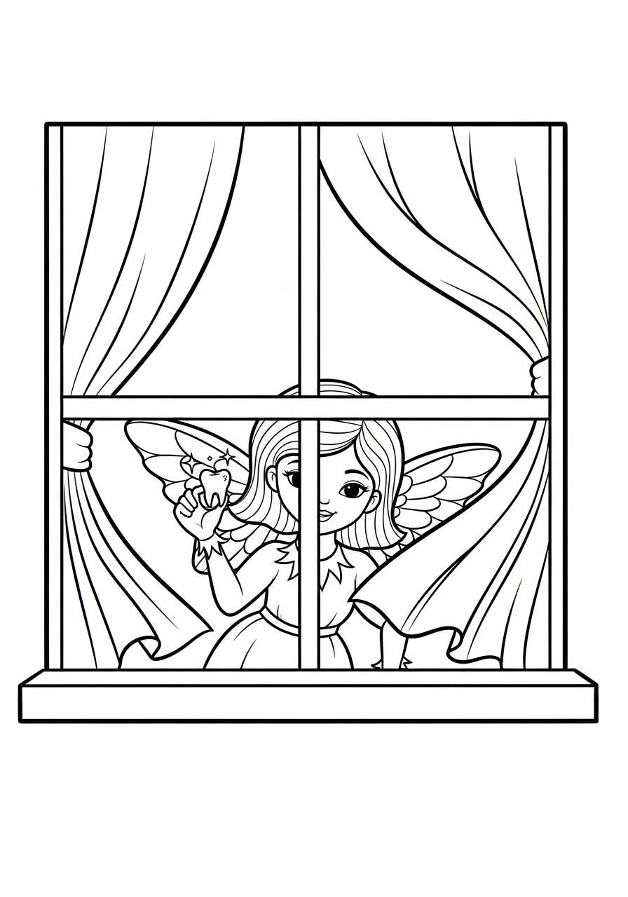 Tooth Fairy Coloring Pages 17 Tooth Fairy peeking through window curtains coloring page