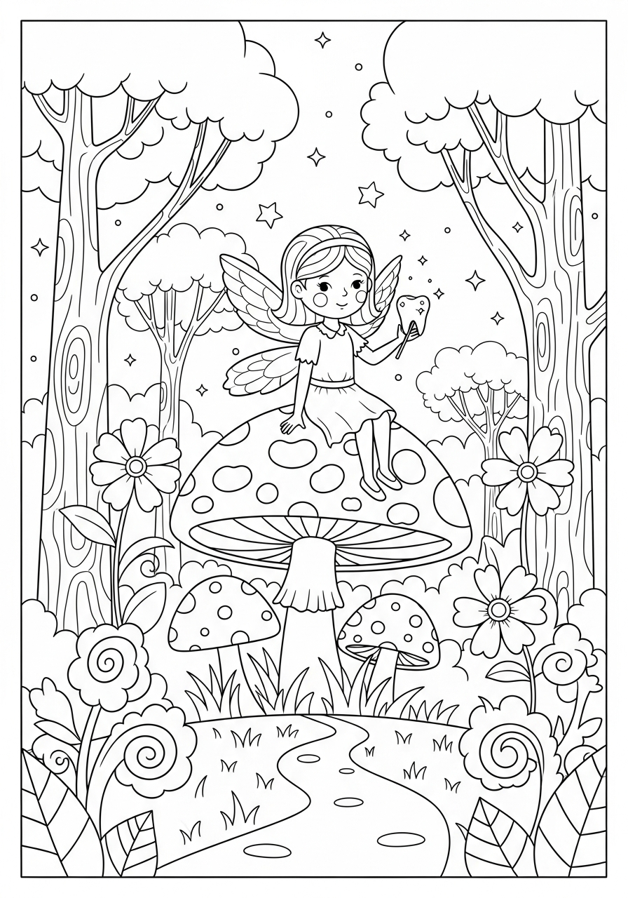 Tooth Fairy Coloring Pages 21 Tooth Fairy sitting on mushroom stool coloring page