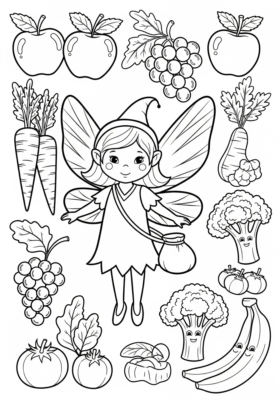 Tooth Fairy Coloring Pages 29 Tooth Fairy with healthy apples carrots coloring page