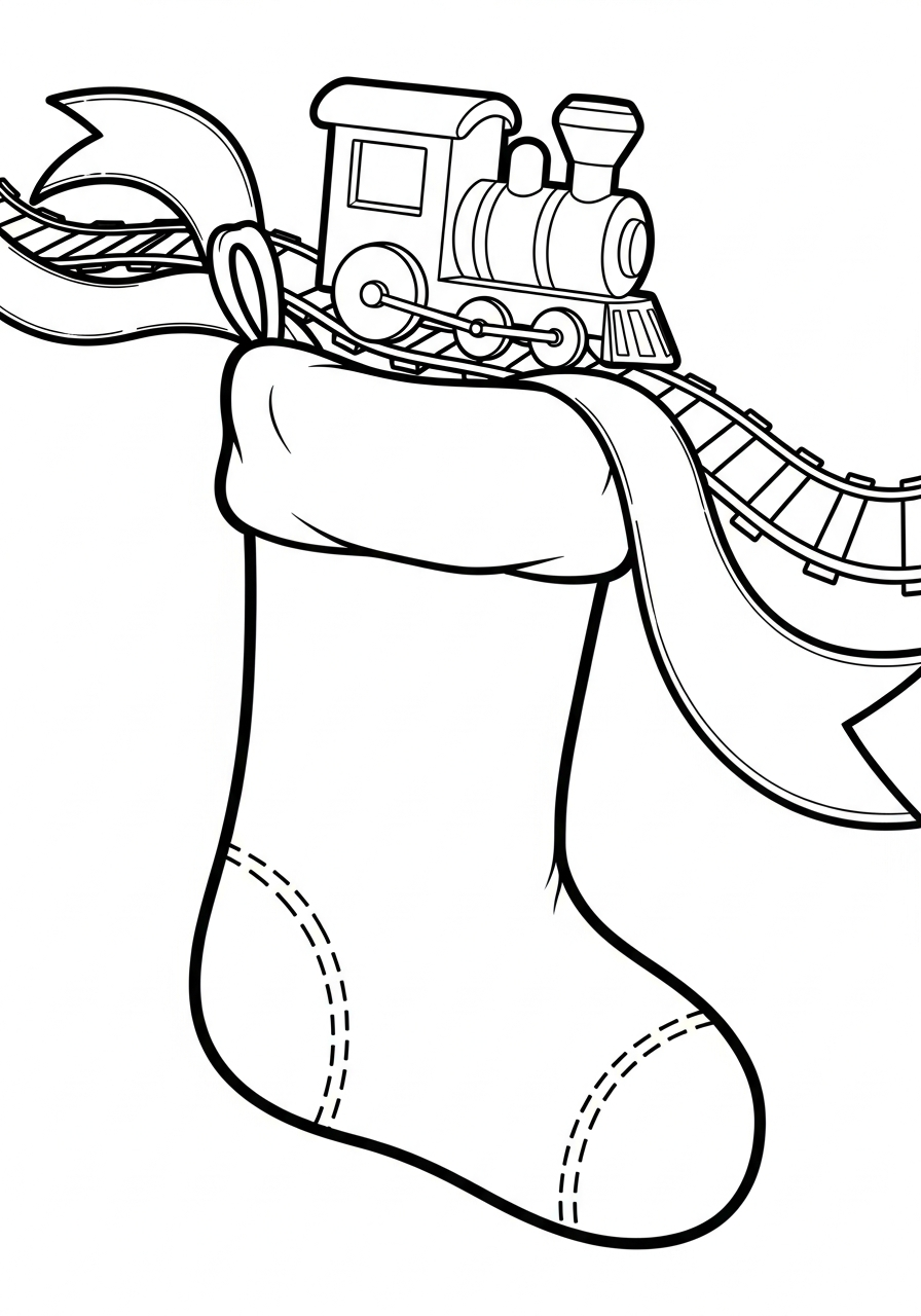 Toy train exiting Christmas Stocking coloring page