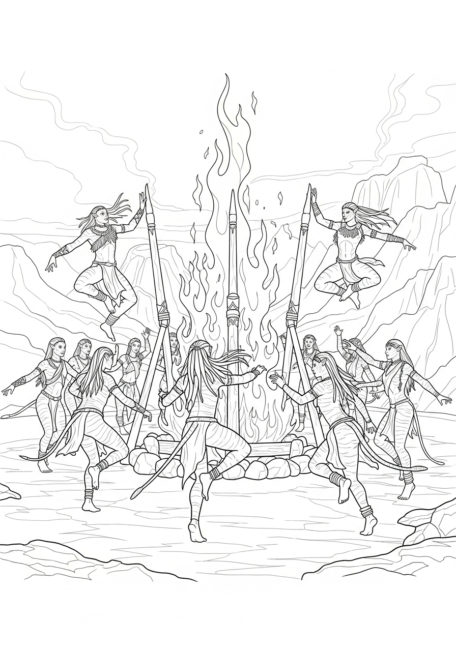 Tribal fire dance Avatar 3 coloring page