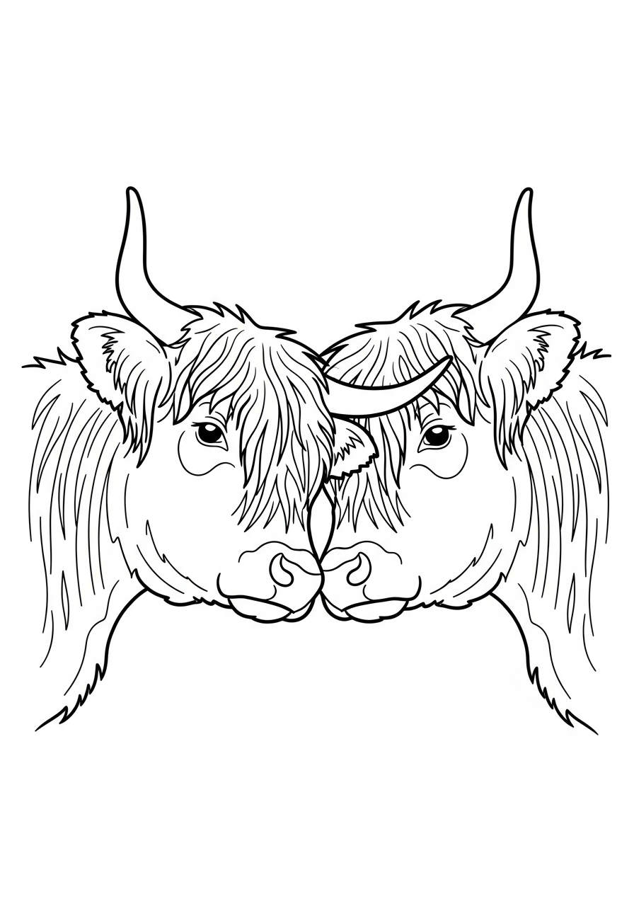 Highland Cow Coloring Pages 29 Two Highland cow forming heart coloring page