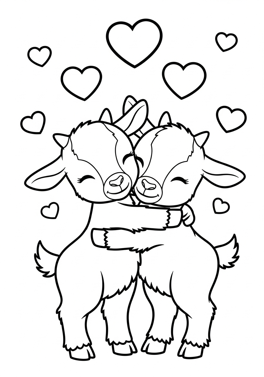 Two cute hugging baby goats coloring page