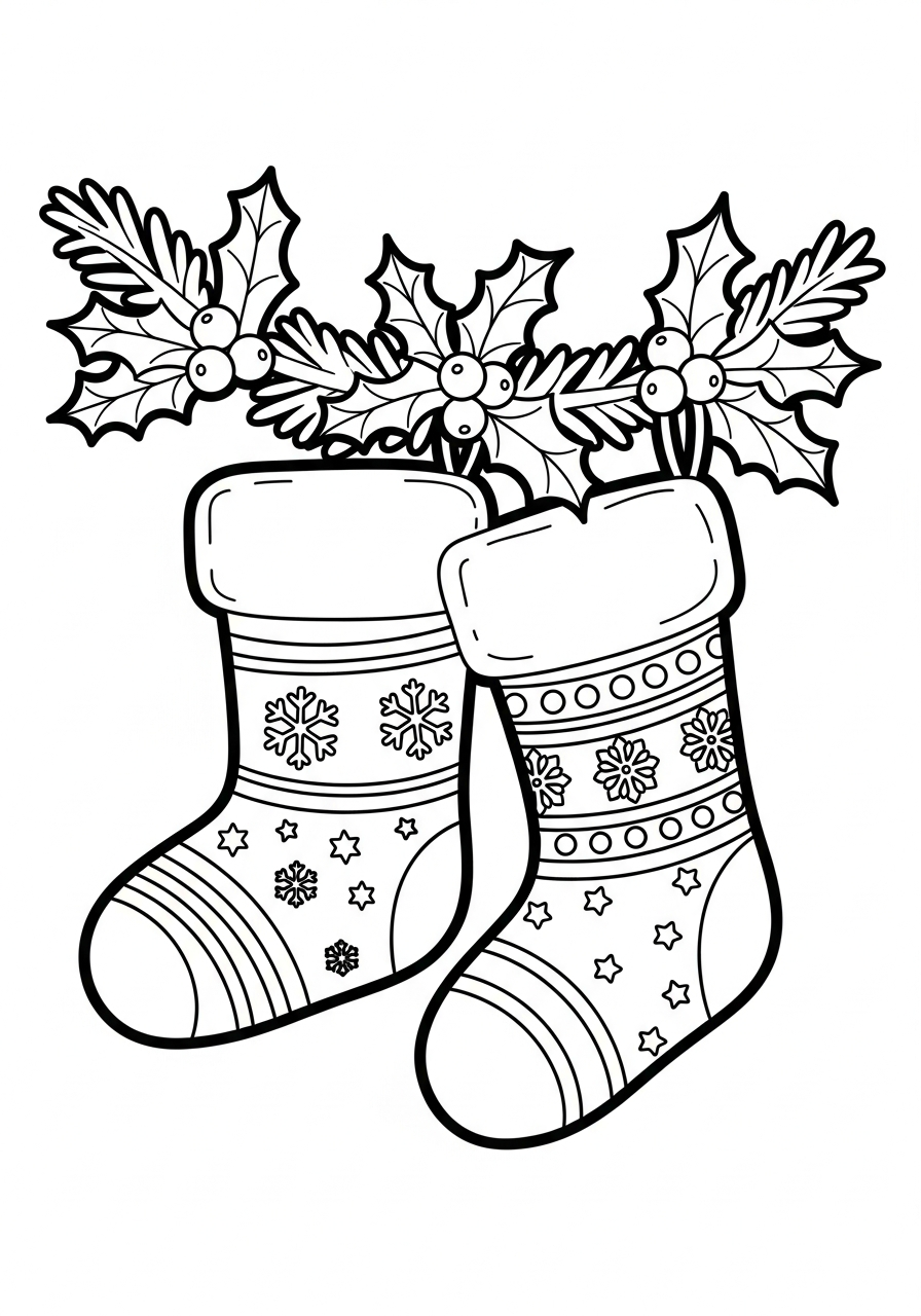 Two hanging Christmas Stocking with holly coloring page