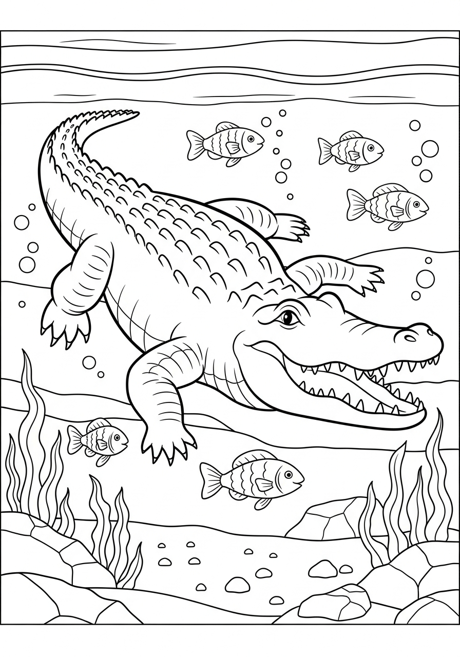 Alligator Coloring Pages 34 Underwater alligator swimming with fish coloring page