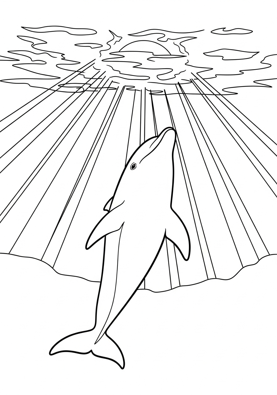 Dolphin Coloring Pages 37 Underwater dolphin with sun rays coloring page