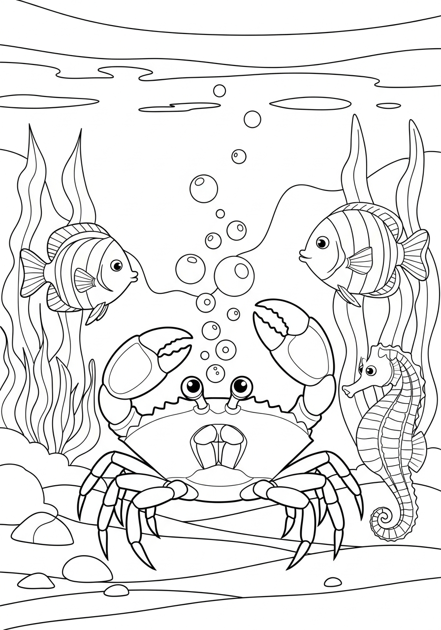 Crab Coloring Pages 33 Underwater friends crab bubbles coloring page