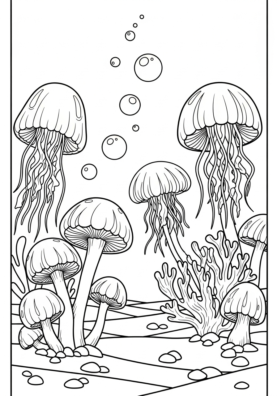 Mushroom Coloring Pages 30 Underwater jellyfish mushrooms on ocean floor coloring page