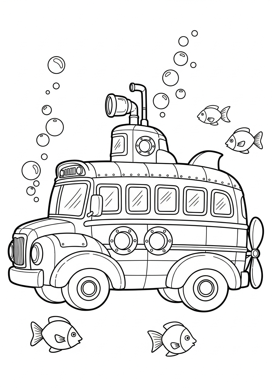 School Bus Coloring Pages 28 Underwater submarine style School Bus coloring page