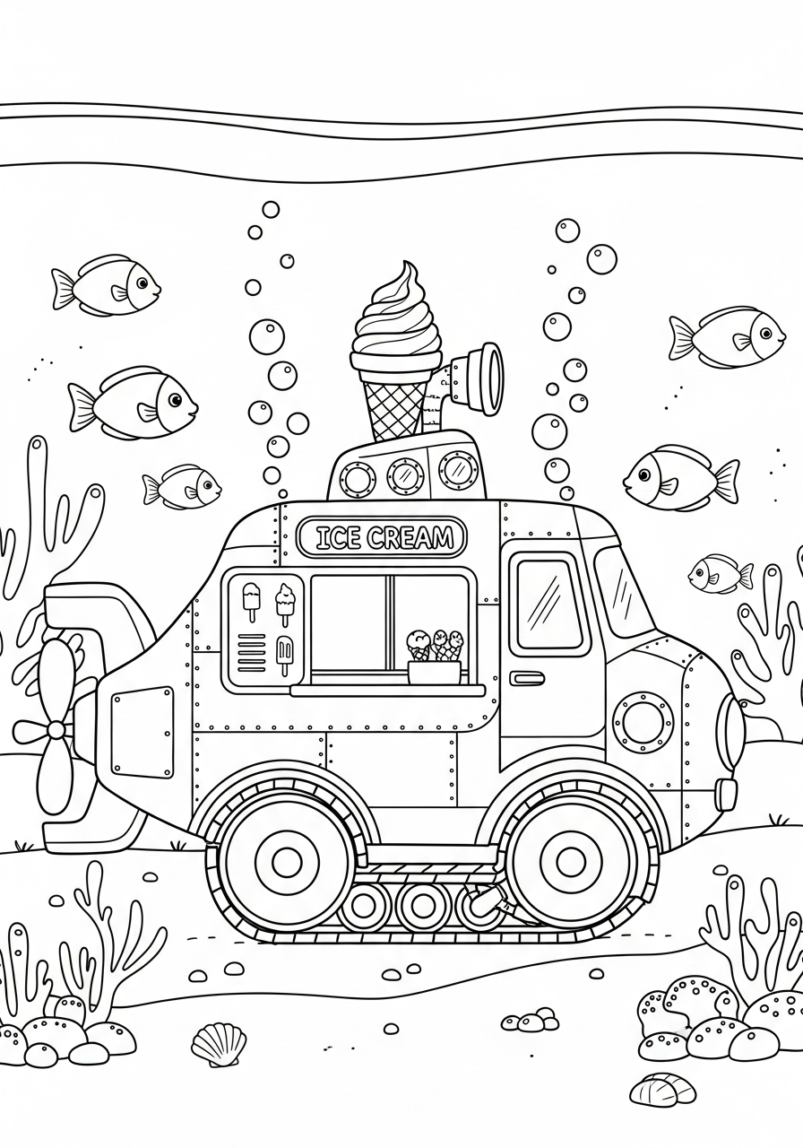 Underwater submarine style ice cream truck coloring page
