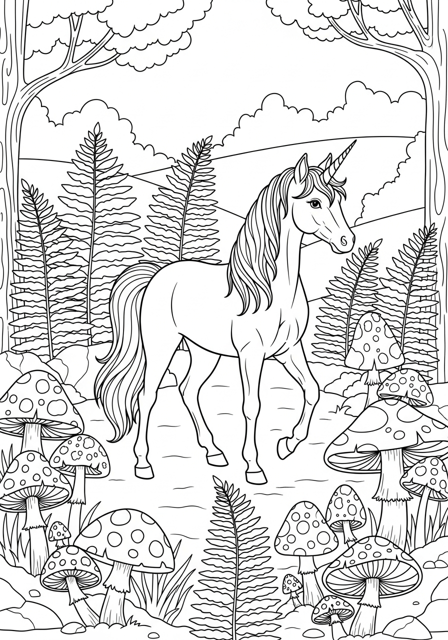 Unicorn Coloring Pages 22 Unicorn in enchanted mushroom forest coloring page