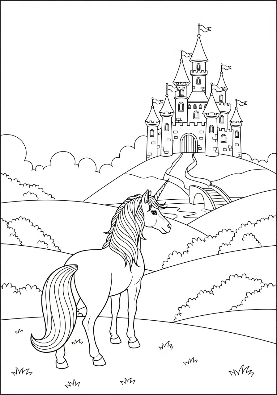 Unicorn Coloring Pages 23 Unicorn looking at fairy castle coloring page