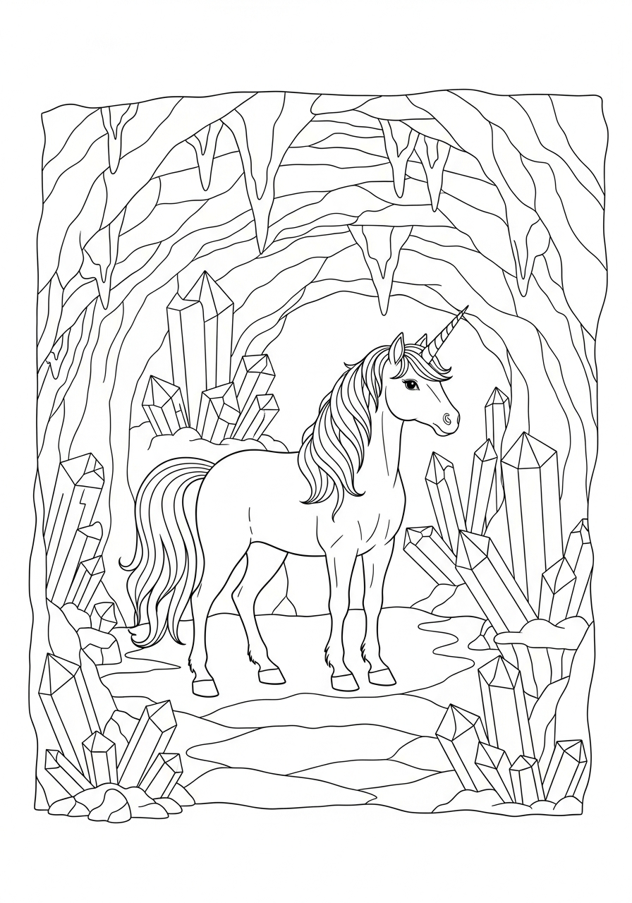Unicorn Coloring Pages 25 Unicorn standing in crystal cave coloring page