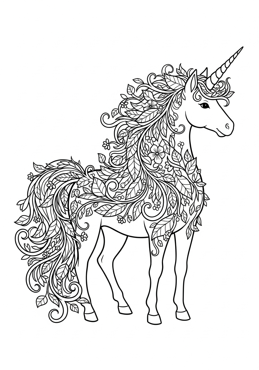 Unicorn Coloring Pages 30 Unicorn with swirling floral mane coloring page