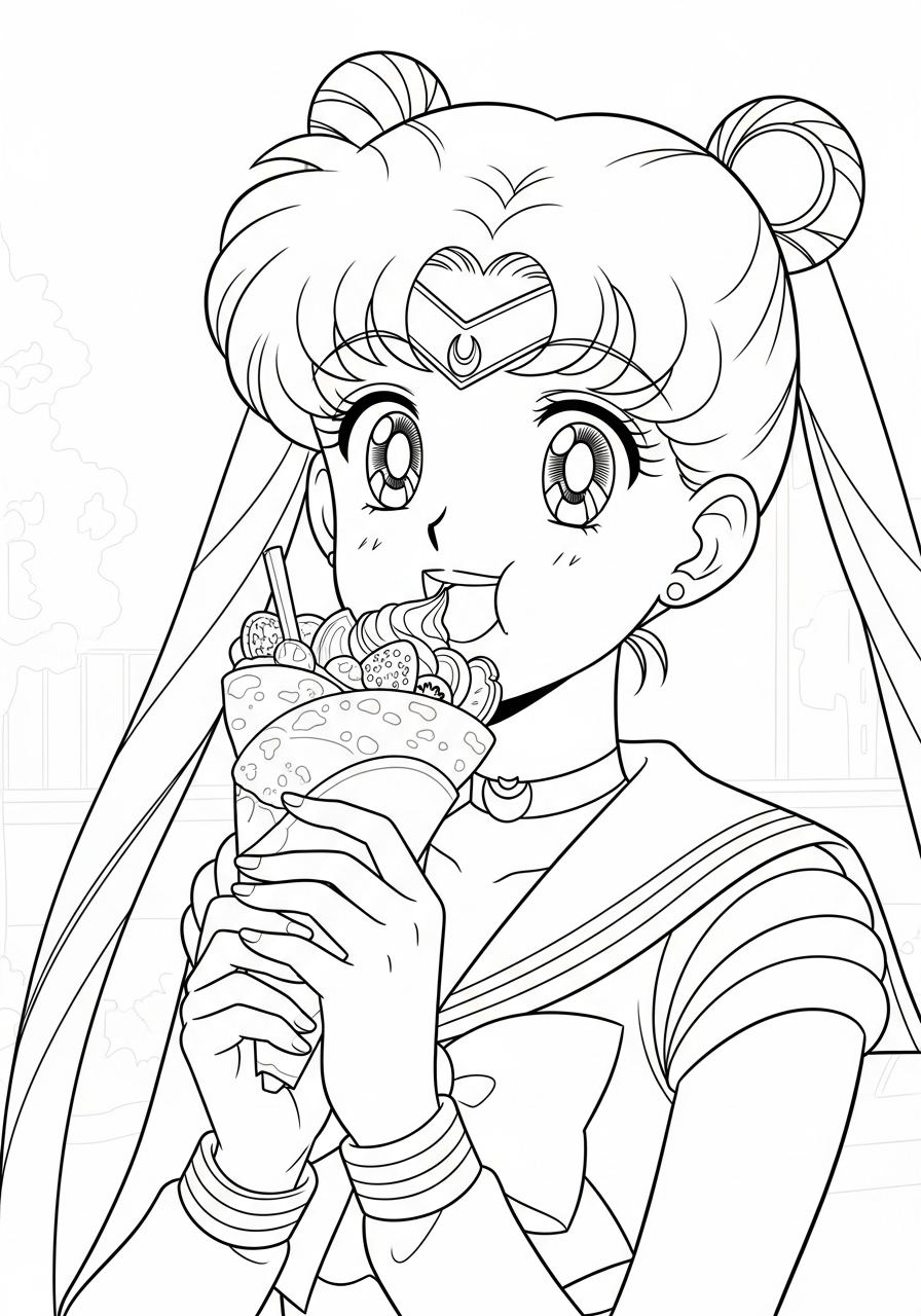Sailor Moon Coloring Pages 29 Usagi eating sweet crepe coloring page