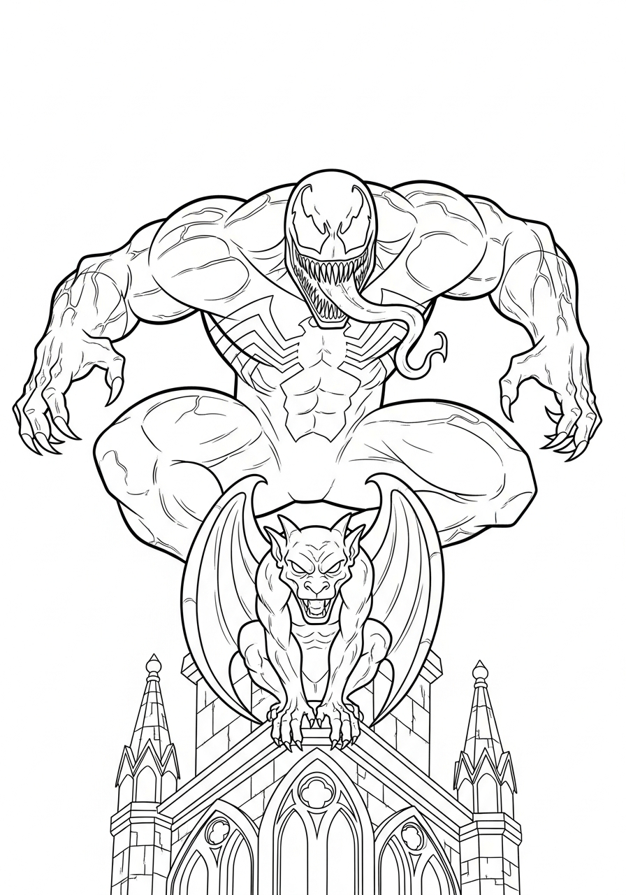 Venom Coloring Pages 17 Venom crouching on roof gargoyle coloring page