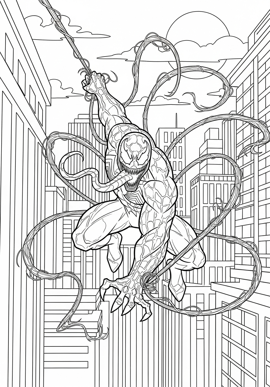 Venom Coloring Pages 29 Venom swinging on web tendrils coloring page