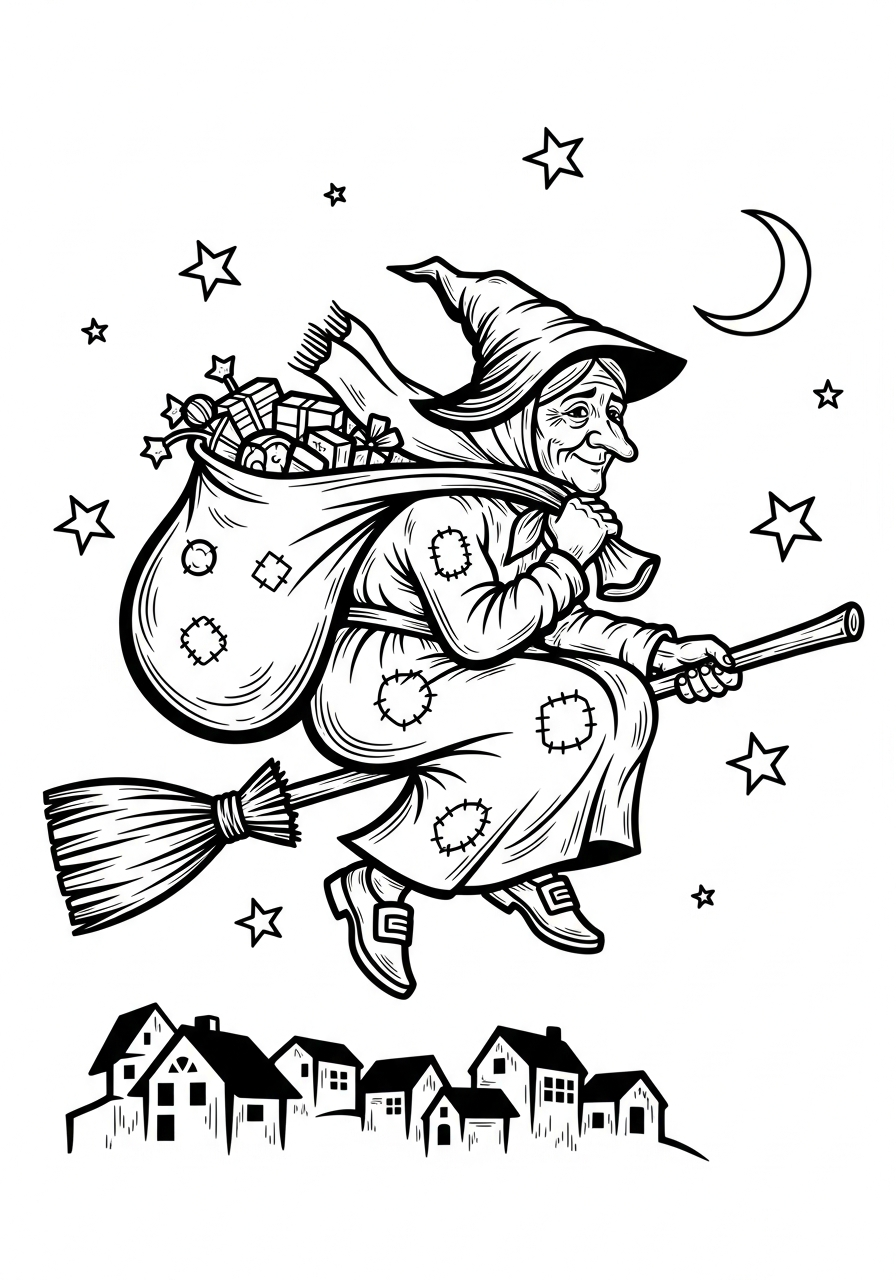 La Befana Coloring Pages 22 Vintage style La Befana witch coloring page