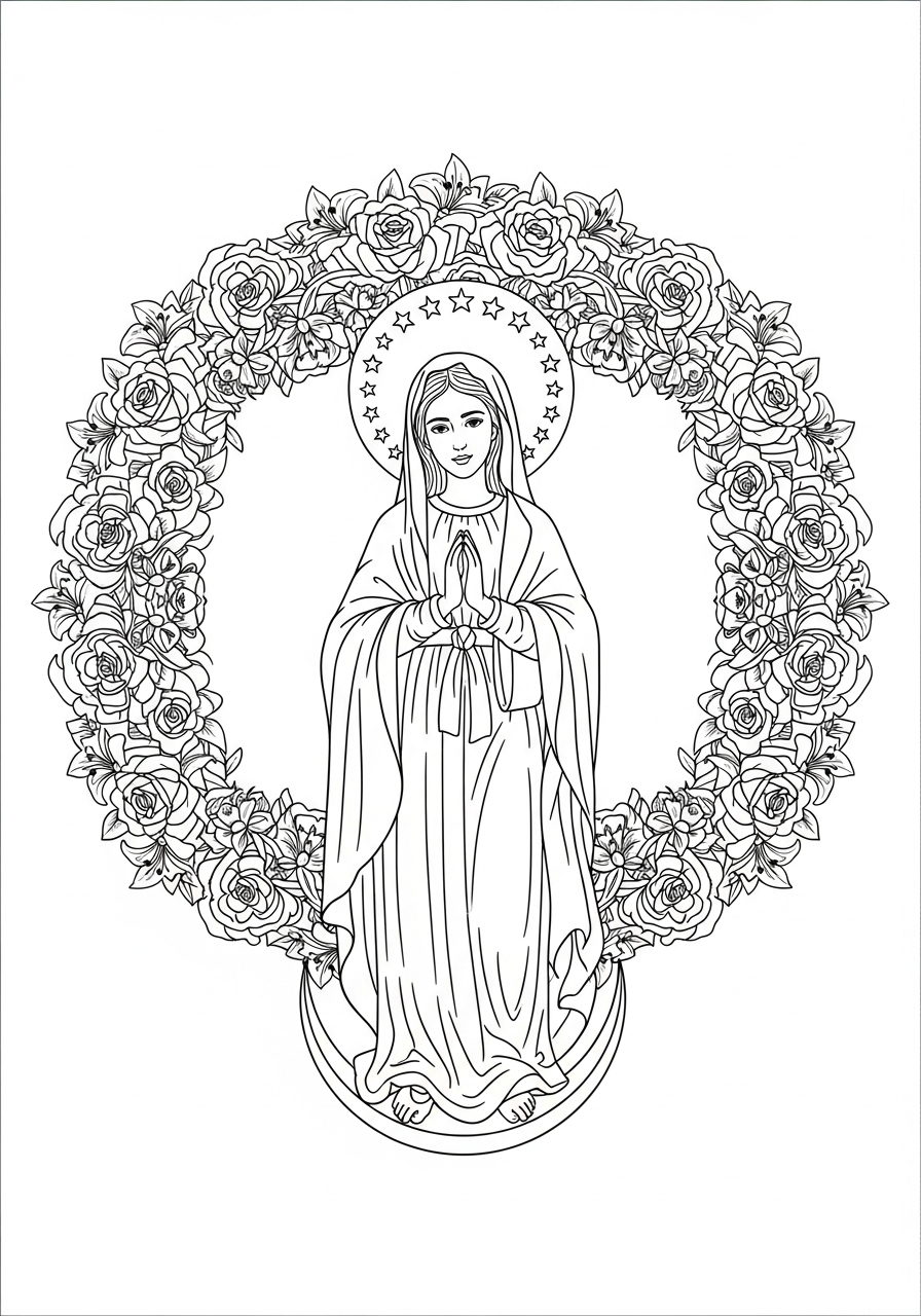 Virgin Mary center of mandala coloring page