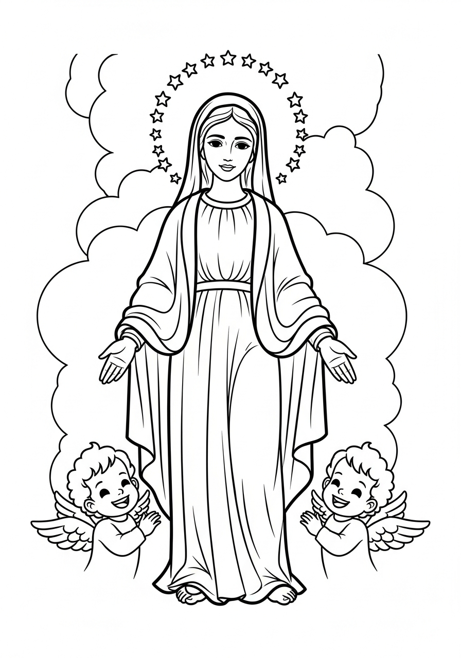 Virgin Mary flanked by cherubs coloring page
