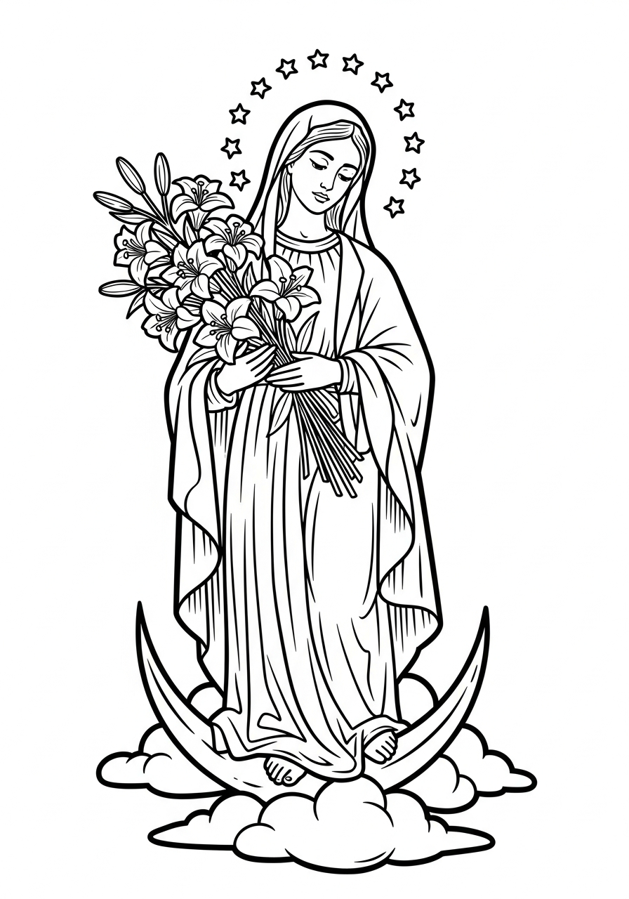 Virgin Mary holding lily bouquet coloring page