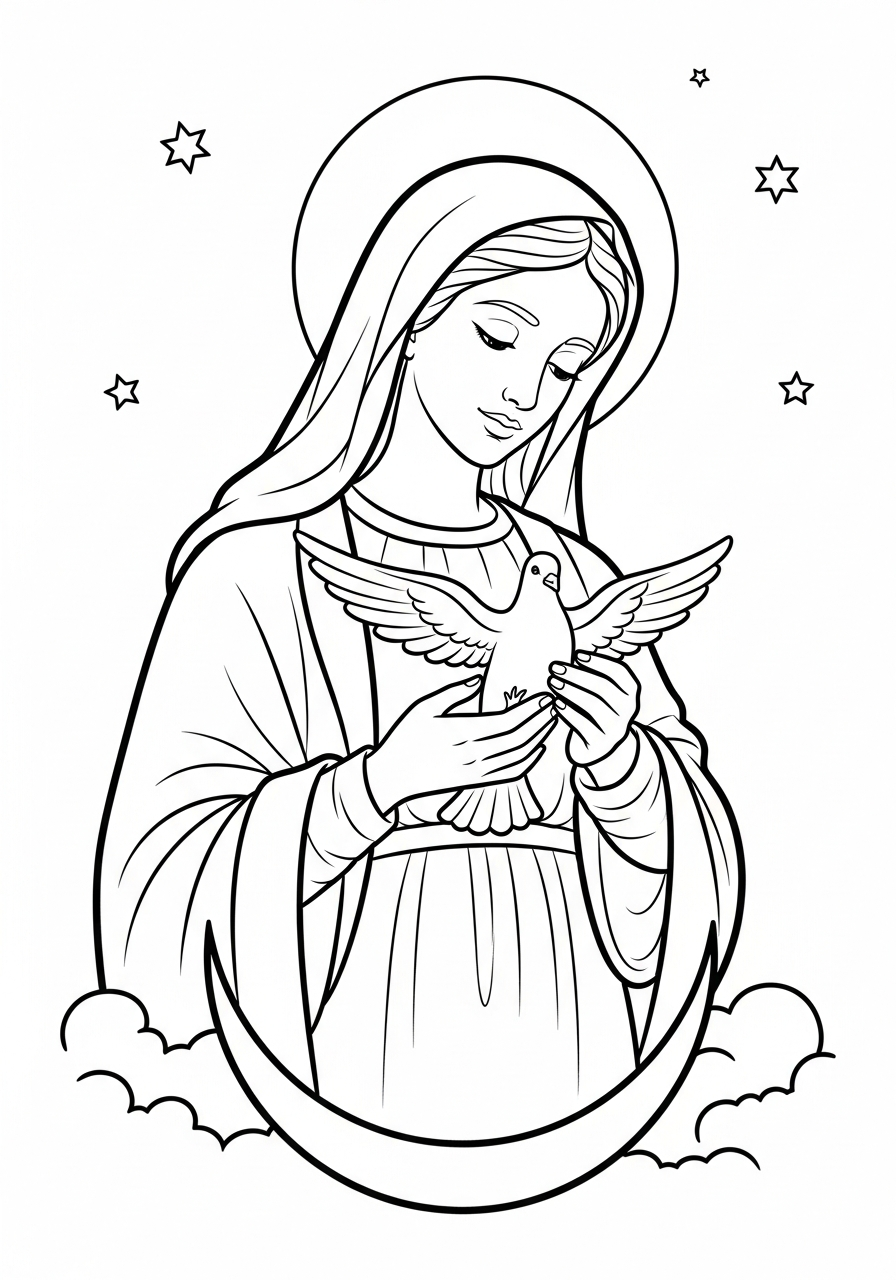 Virgin Mary holding white dove coloring page