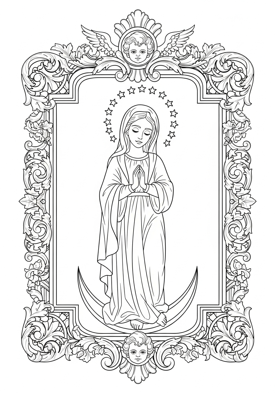 Virgin Mary in baroque frame coloring page