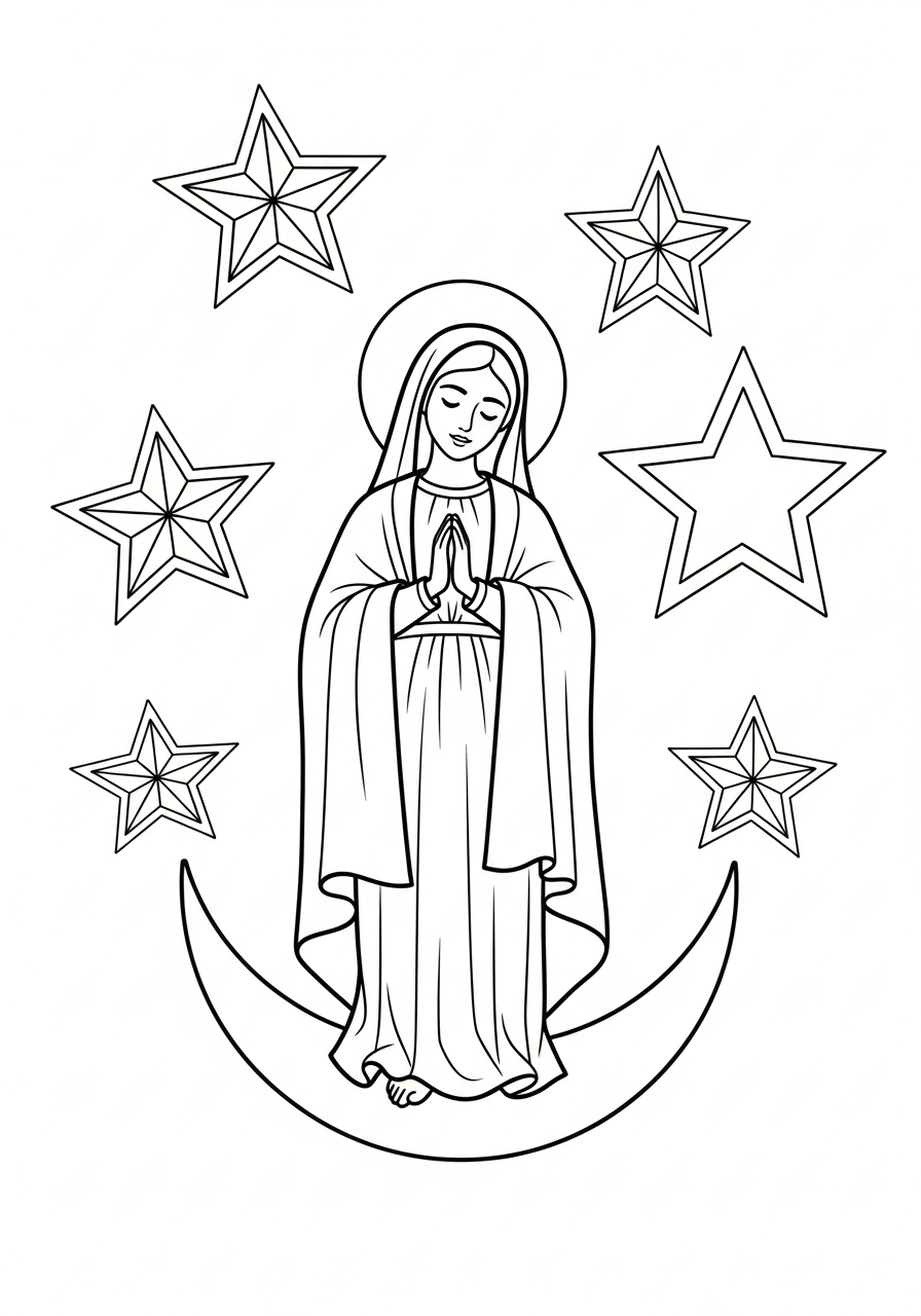 Virgin Mary standing on crescent coloring page