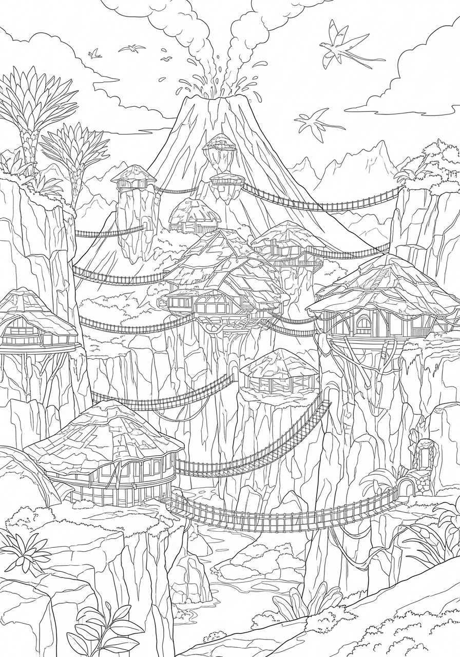 Volcanic village landscape Avatar 3 coloring page
