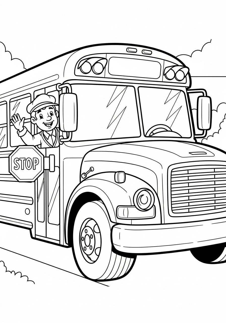 School Bus Coloring Pages 29 Waving driver in School Bus coloring page