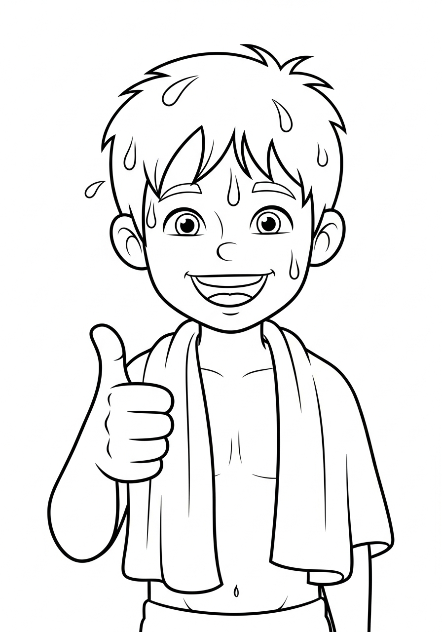 Wet boy in towel giving thumbs up coloring page