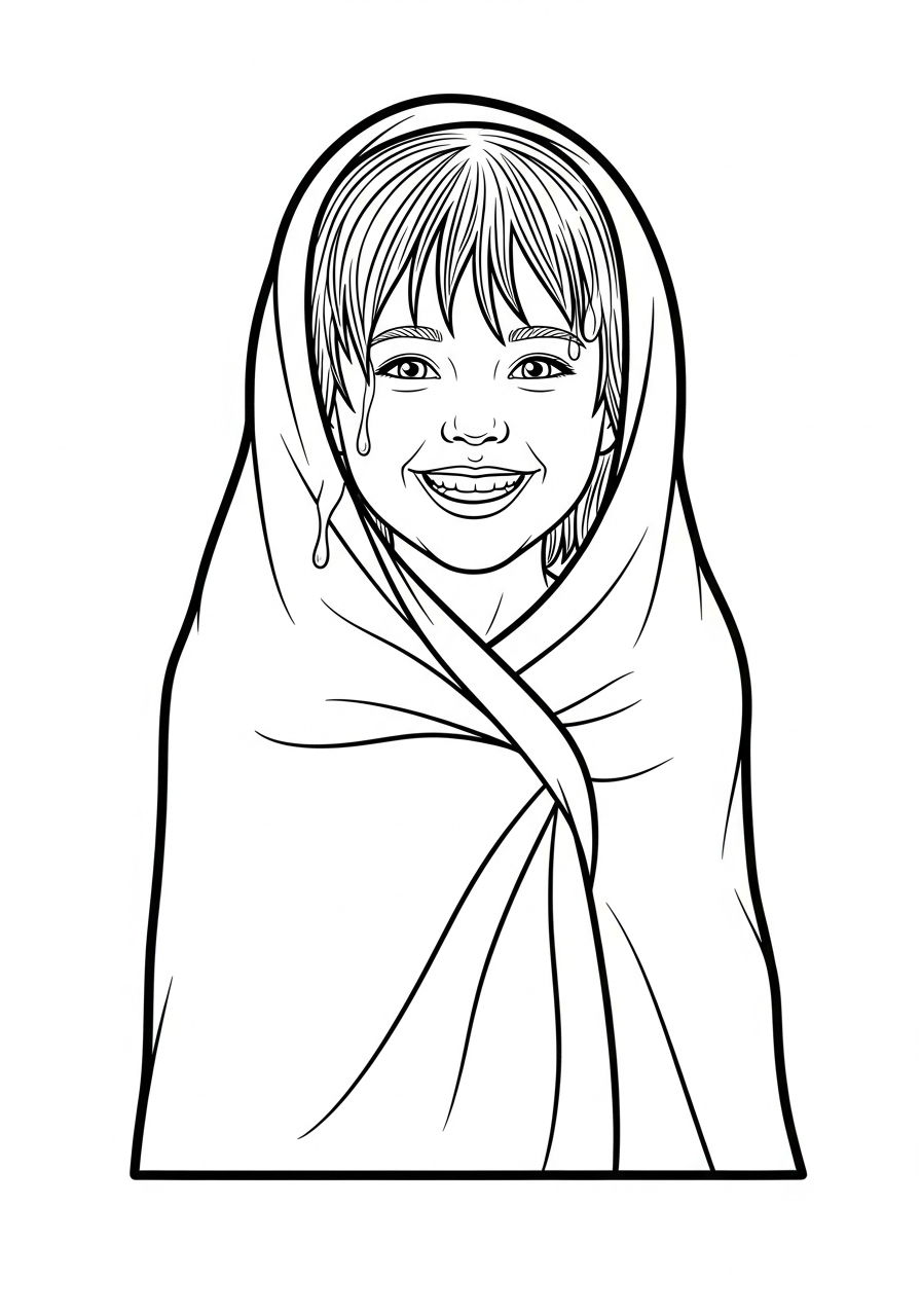 LDS Baptism Coloring Pages 25 Wet girl wrapped in towel smiling coloring page