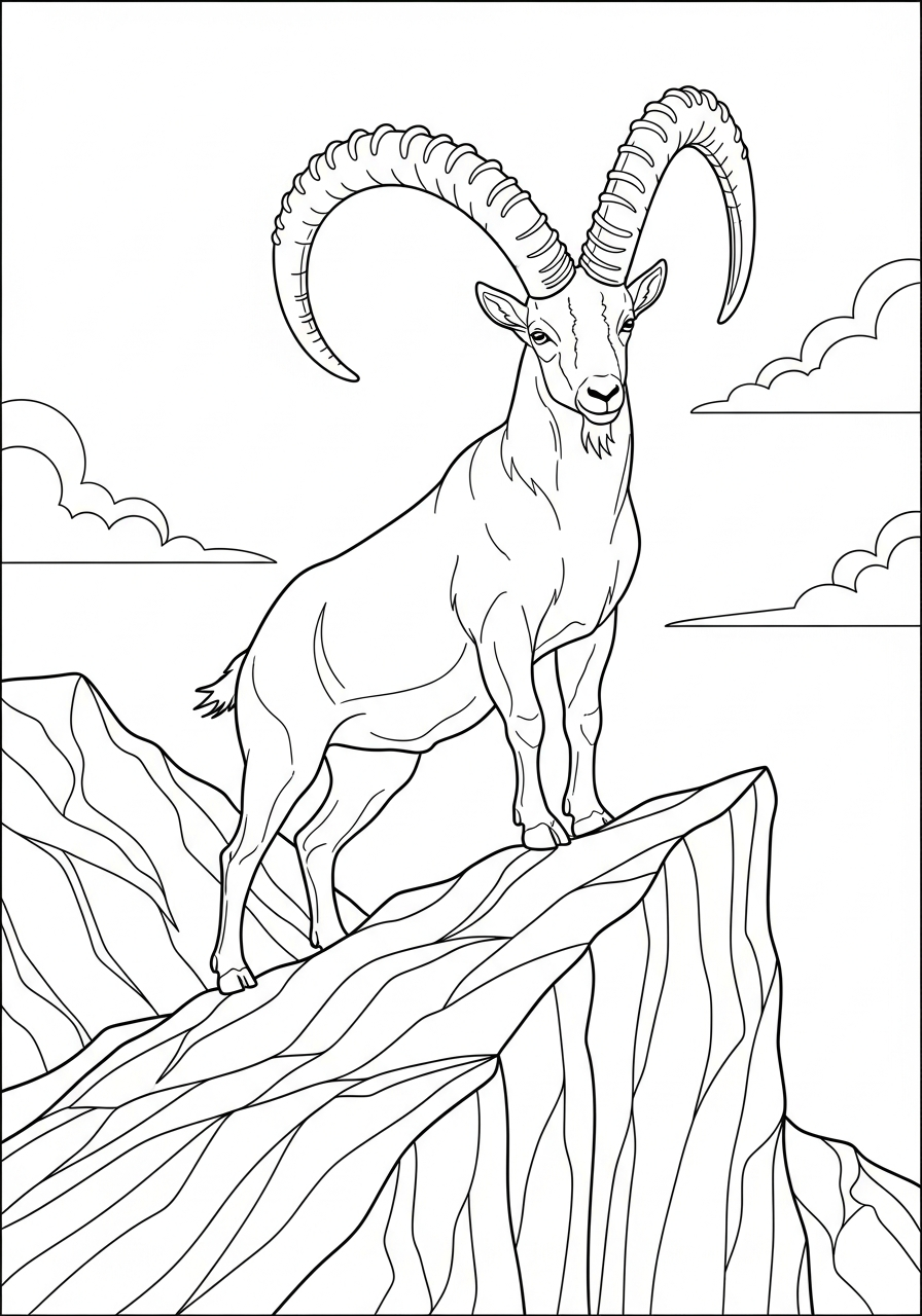 Wild mountain ibex on cliff coloring page
