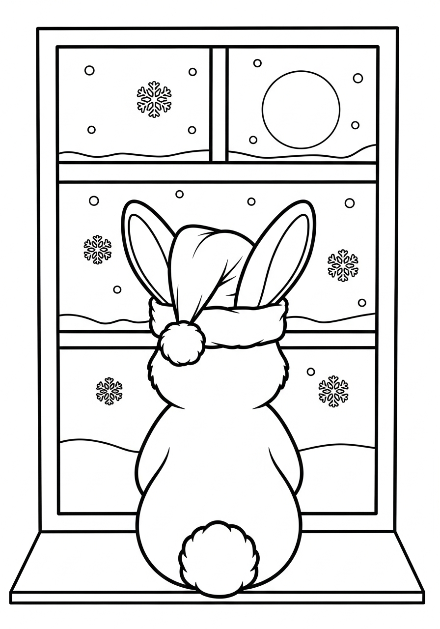 Christmas Bunny Coloring Pages 30 Window watching Christmas Bunny coloring page