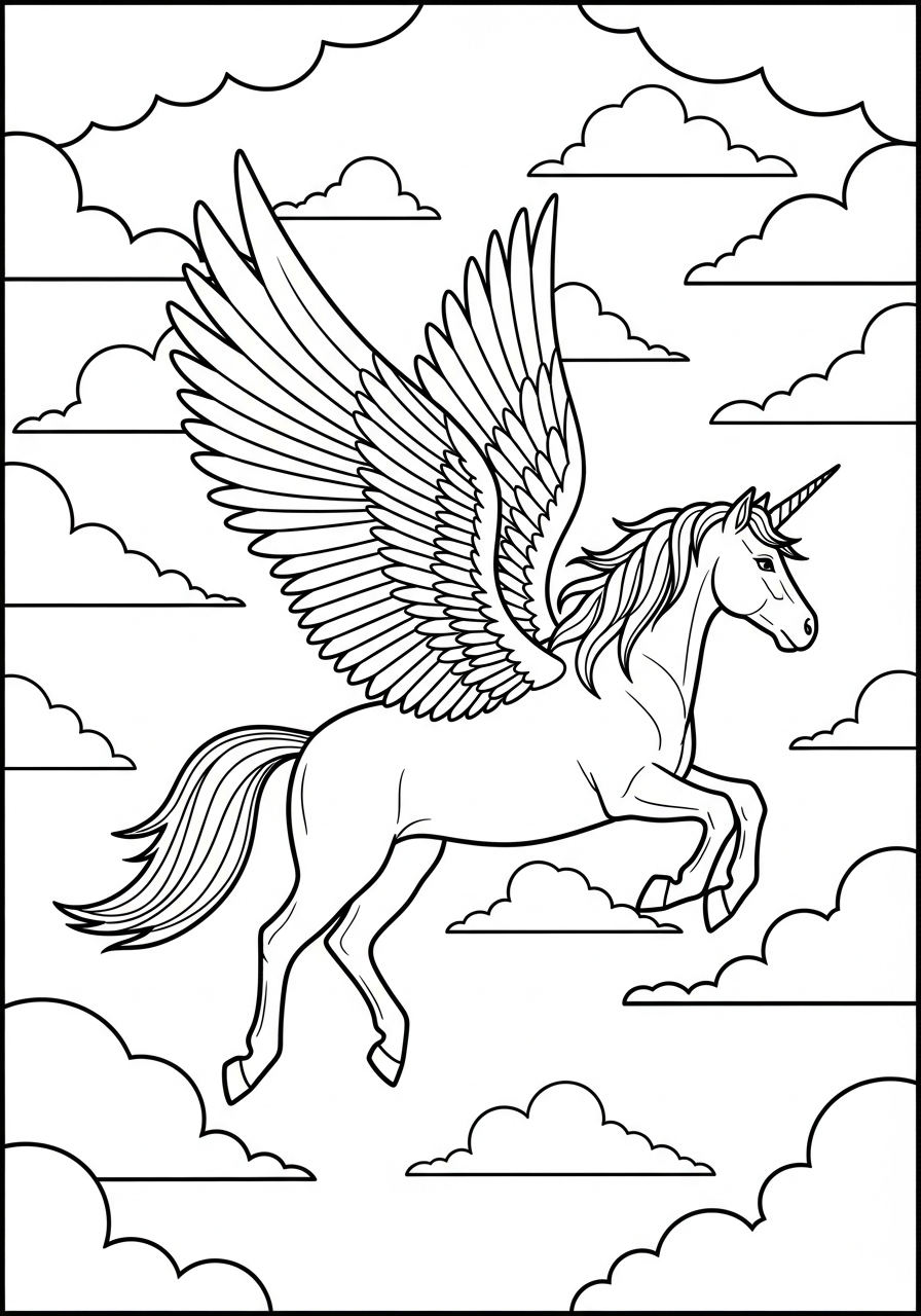 Unicorn Coloring Pages 31 Winged pegasus unicorn flying high coloring page