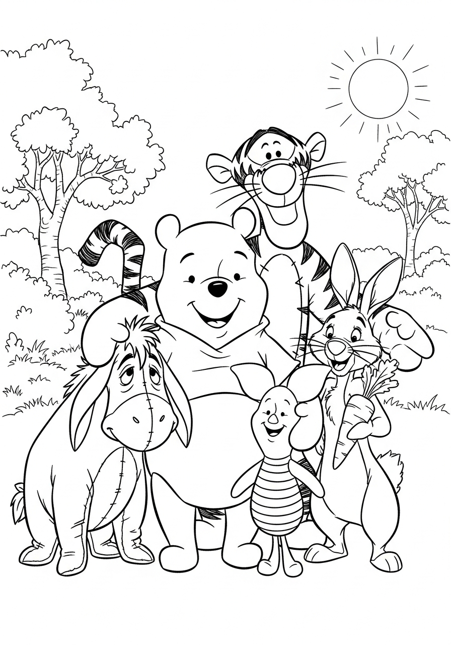 Winnie the Pooh and friends group coloring page