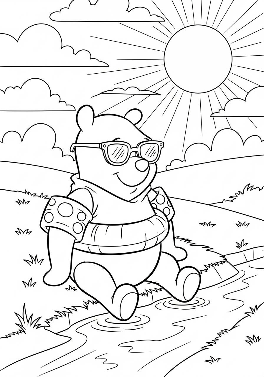 Winnie the Pooh at summer beach coloring page