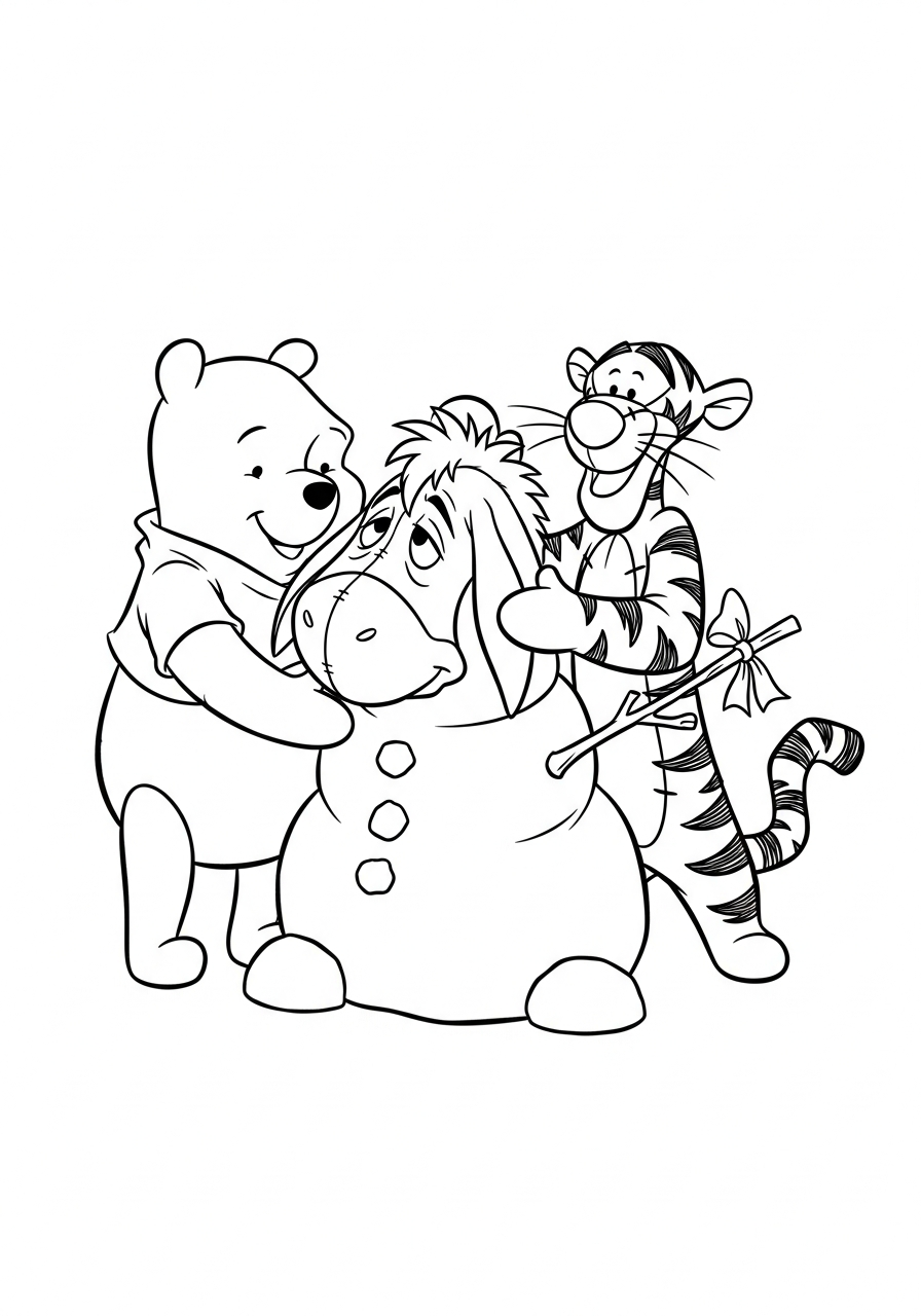 Winnie the Pooh building Eeyore snowman coloring page