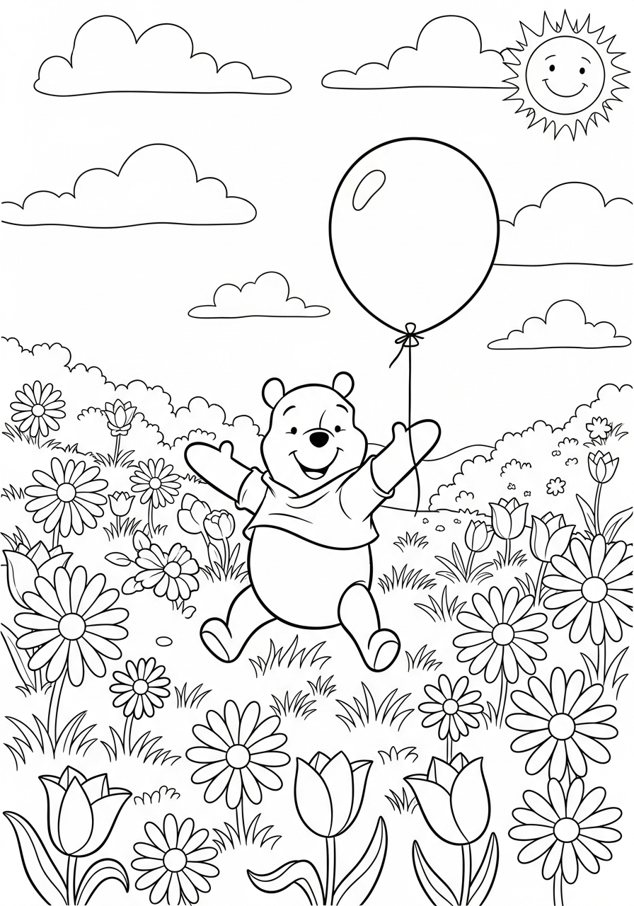 Winnie the Pooh chasing red balloon coloring page