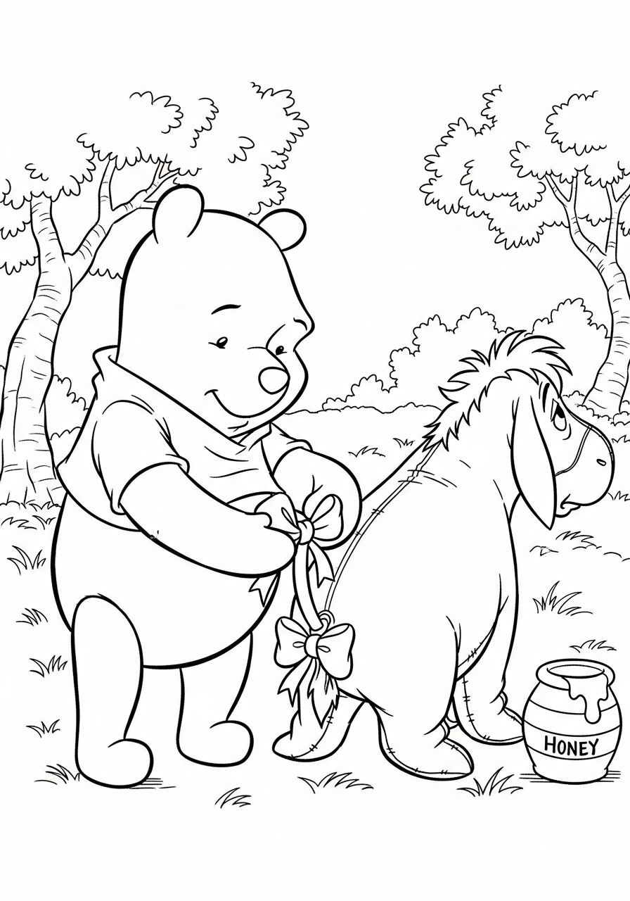 Winnie the Pooh fixing Eeyore tail coloring page