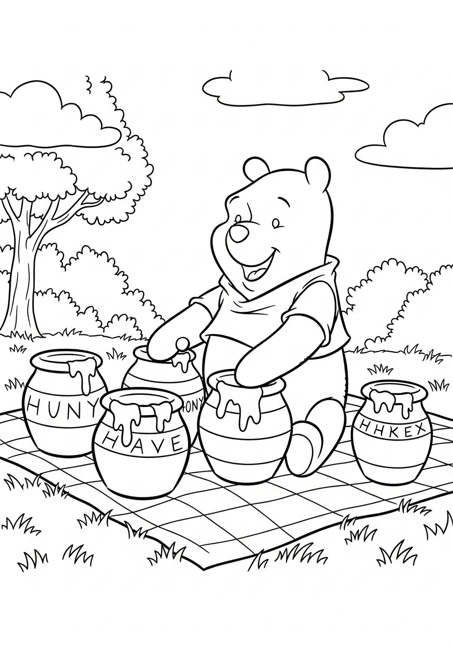 Winnie the Pooh having honey picnic coloring page