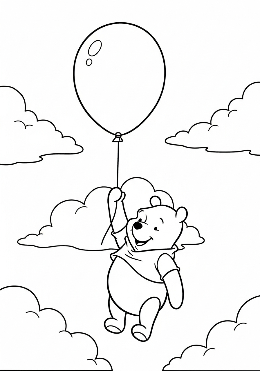 Winnie the Pooh holding balloon flying coloring page