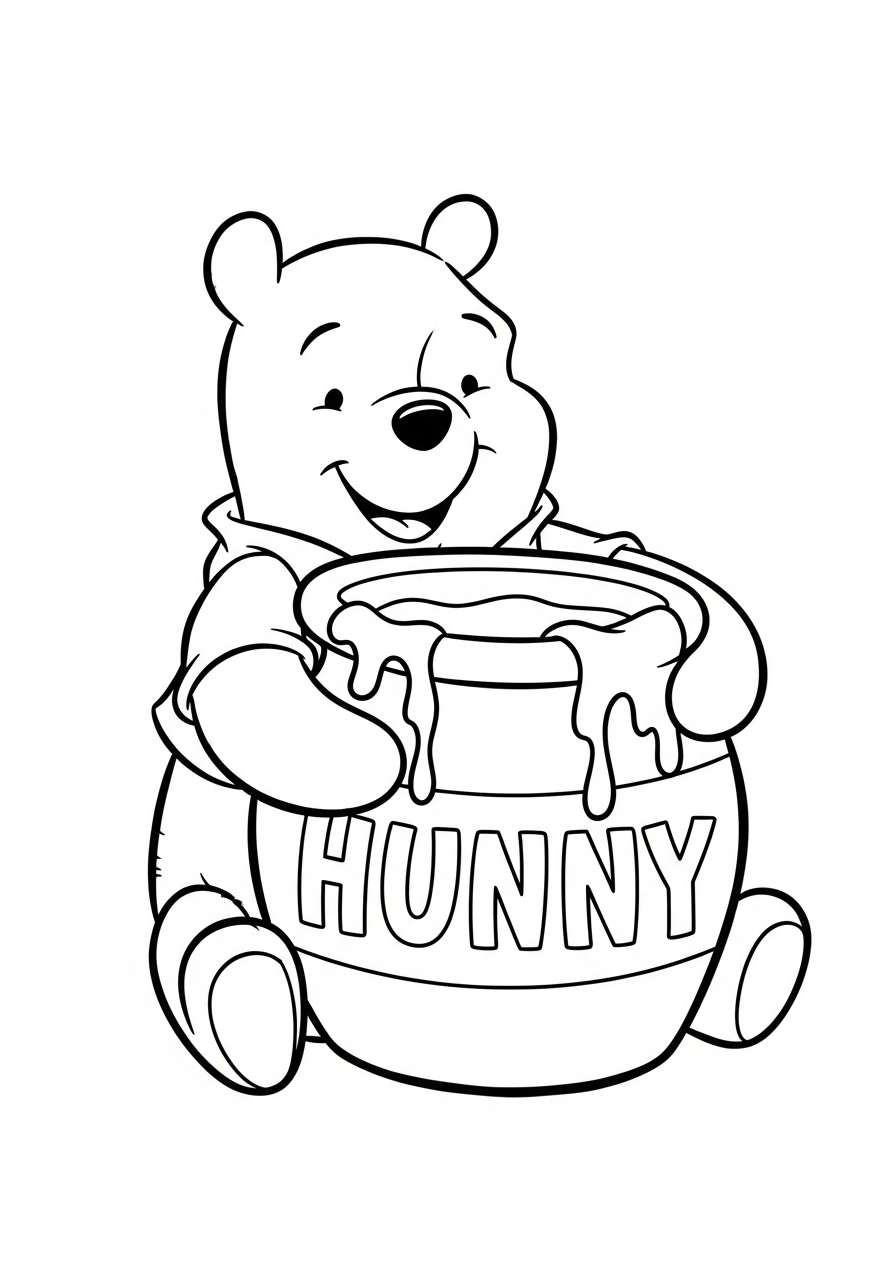 Winnie the Pooh hugging honey pot coloring page